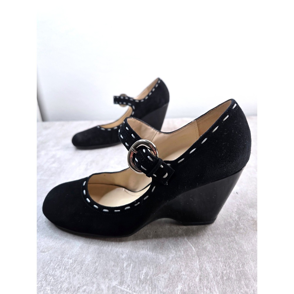 Franco Sarto Mary Jane Wedge Heel Pumps Sz 7.5 Black Suede Retro Victorian Shoes